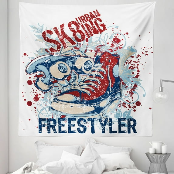Sports Tapestry, Skateboarding Graphic with Distressed Complex Effects Action Sports Hipster Culture, Fabric Wall Hanging Decor for Bedroom Living Room Dorm, 5 Sizes, Blue Red, by Ambesonne