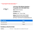 thumbnail image 2 of Left Driver Side Window Regulator - Compatible with 2006 BMW 325xi, 2 of 2