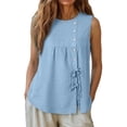 thumbnail image 6 of Sevevn Women's Summer Sleeveless Button Down Tank Top Casual Round Neck Drawstring Waist Flowy Tunic Blouse Blue M, 6 of 7