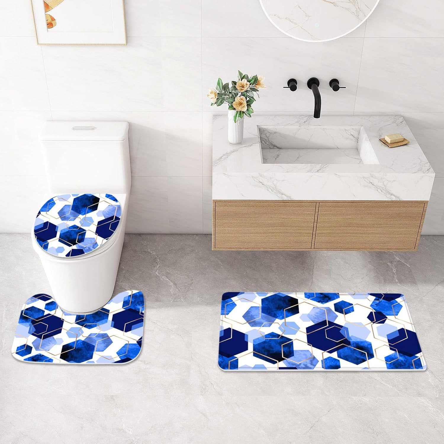 4 Pcs Royal Blue Modern Geometric Shower Curtain Set with Non-Slip Rugs, Toilet Lid Cover and Bath Mat, Abstract Bathroom Decor Set with Shower Curtain and Rugs