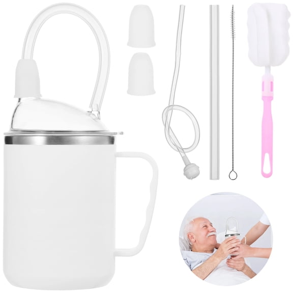 Adult Sippy Cup for Elderly, 16.9 oz Anti-Choke Bedridden Care Cup, No Spill Cup with Silicone Straws, Spouts, Gravity Ball, and Brushes, Feeding Cup with Ergonomic Handle for Seniors