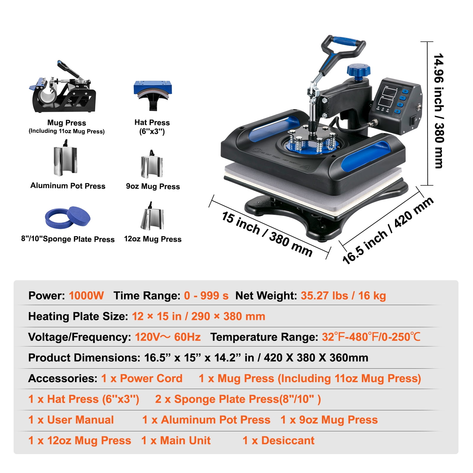 VEVORbrand 8 in 1 Heat Press Machine 12" x 15" upgraded Sublimation Machine 800W Rotation Swing Away Heat Press Dual-Tube Heating for DIY T-Shirts Cap And Mugs