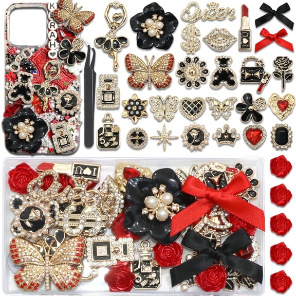 SUMMIT - Junk Case Charms Red Black Bow Flower Charm for Phone Cases 3D Gold Butterfly Rhinestone Junk Case Kit Elegant Heart Rose Bear Big Charms Customizing DIY Craft Accessories