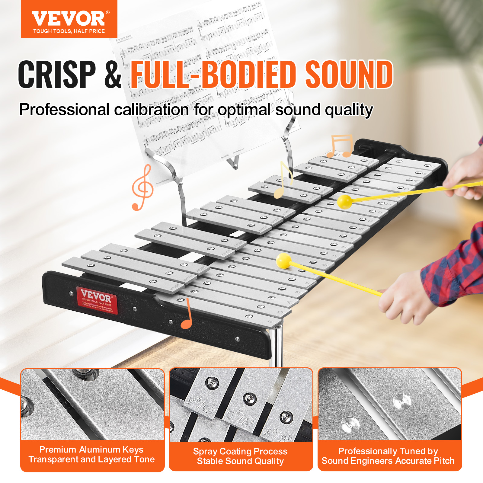 VEVOR 32 Note Glockenspiel Xylophone Bell Kit, Professional Percussion Instrument Set with Mallets, Drum Sticks, Music Stand, 8" Practice Pad, Adjustable Stand and Carrying Bag for Students