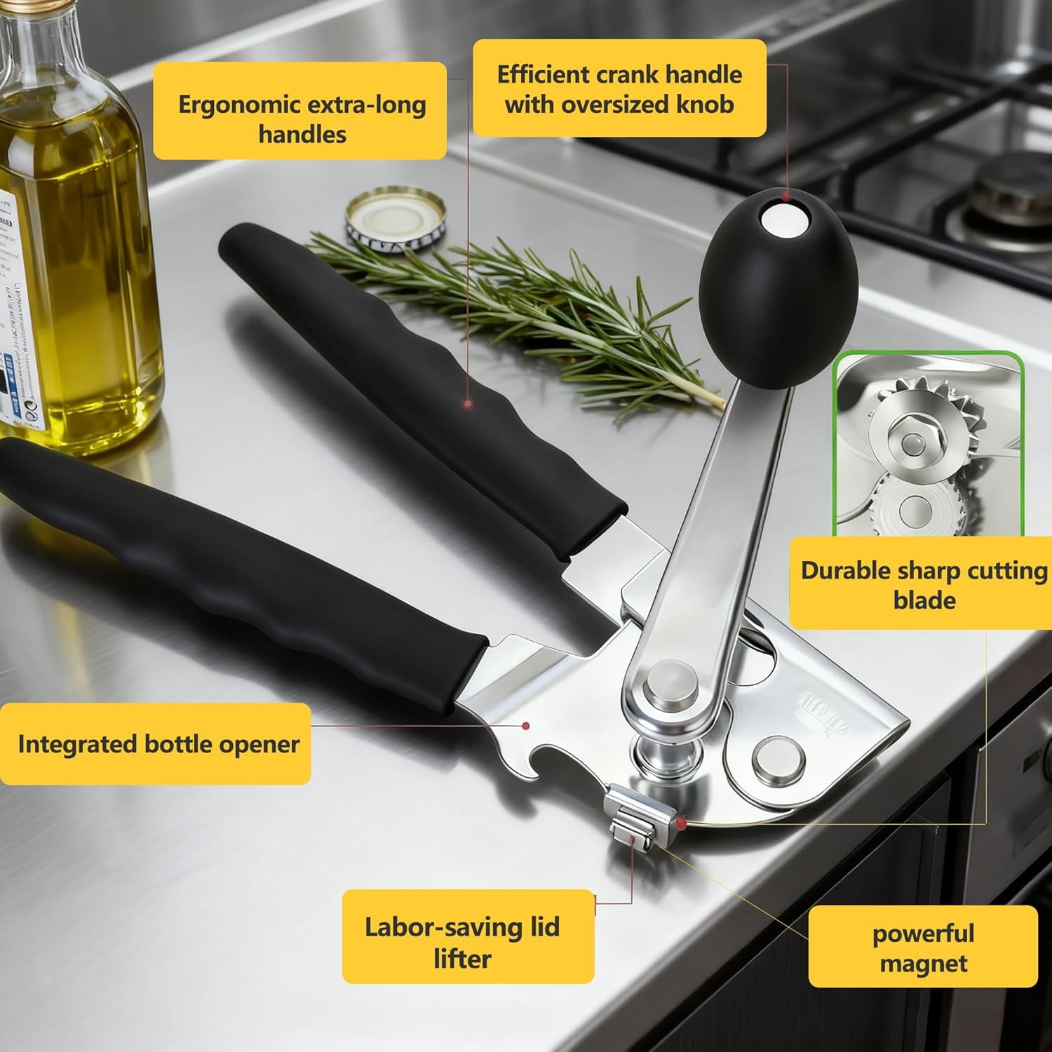 ABCISI Commercial Can Opener, Hand Crank Can Opener Manual Heavy Duty, Ergonomic Design, with Comfortable Long Handles, Oversized Knob, Large Handheld Can Open Easy for Big Cans, for Seniors, Black