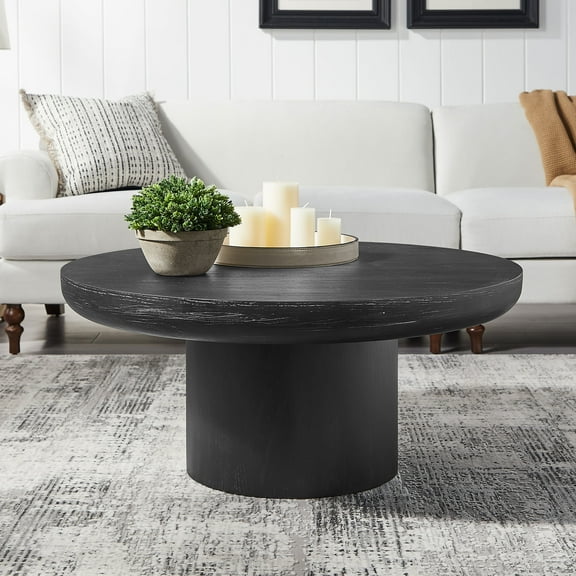 Kevinplus 35.98inch Round Coffee Table with Cylindrical Leg,Wood Veneer Tabletop Table,Rounded Sofa Side Table for living Room Office,Black