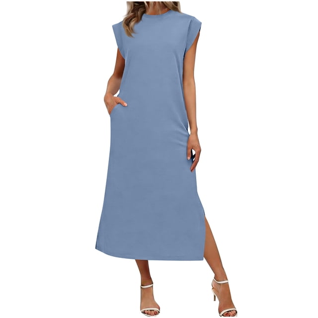 Oksale Robes Maxi pour Femmes Confortables Amples Sans Manches Robes d'Été Décontractées à Col Rond Robe d'Été Élégante Classique de Couleur Unie avec Poches Bleu Clair P
