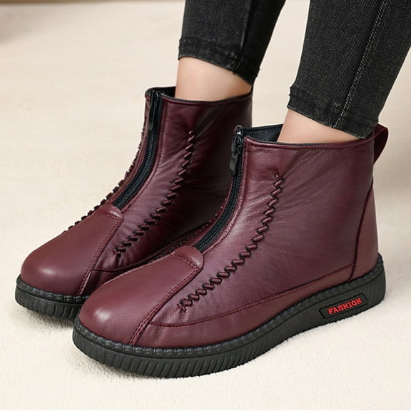 XIMIN Women's Soft Sole Thickened Warm Fur Lined Front Zipper Booties Soft Bottom Waterproof Non-Slip Leather Cotton Lightweight Ankle Booties Winter Snow Boots