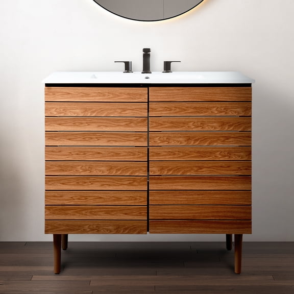 JONATHAN Y Aubert 36 in. W x 18 in. D x 33 in. H, Thick Linear Slat 2-Shelf, Bath Vanity Cabinet ONLY, Walnut, VAN1003B