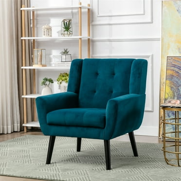 Velvet Accent Chair, Ergonomics Living Room Chair, Tufted Upholstered Armchair, Comfy Single Sofa with Padded Cusions and Solid Wood Legs for Living Room/Bedroom, Teal