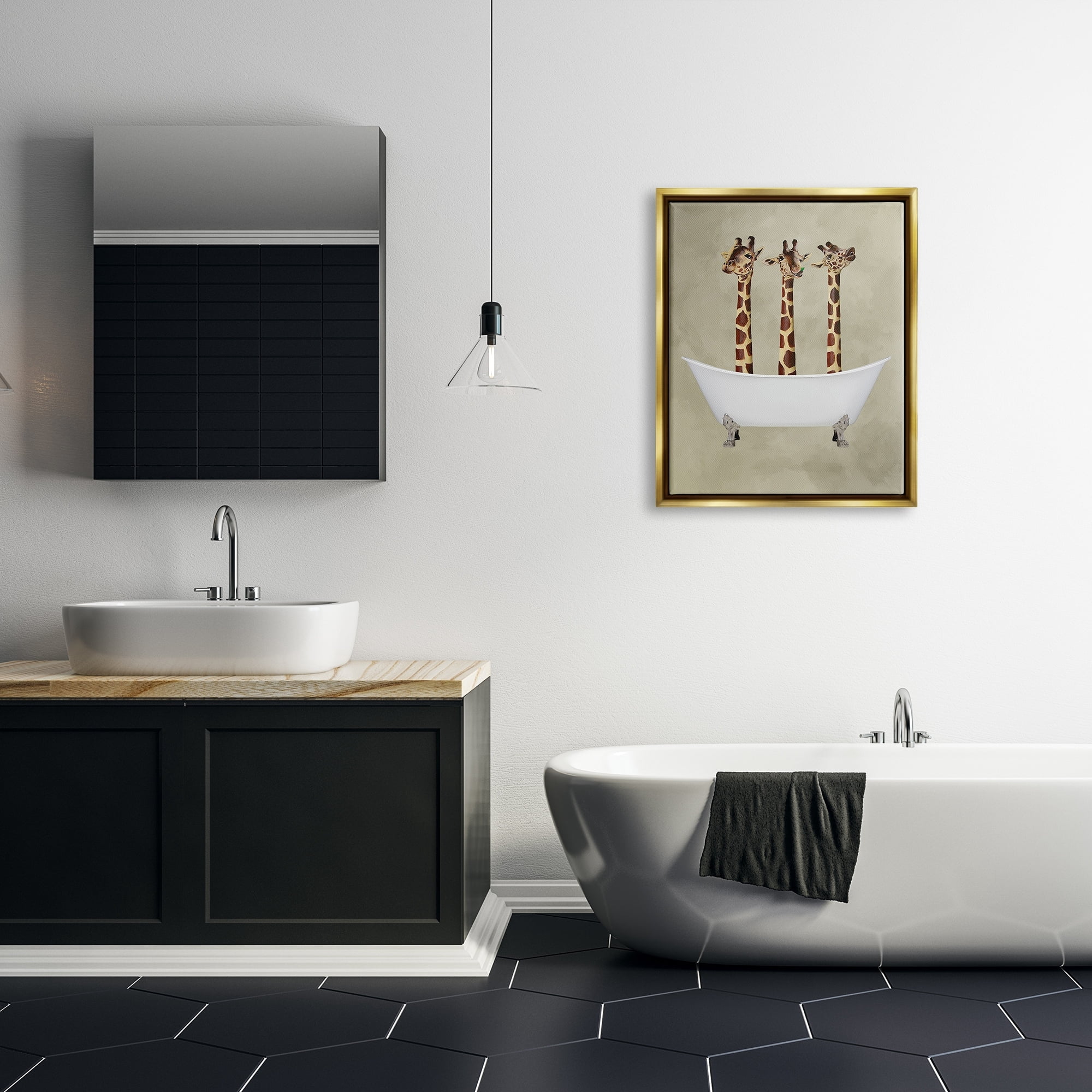Stupell Industries Three Giraffes In A Bathtub Luster Gray Framed Floating Canvas Wall Art, 16x20, by Coco de Paris