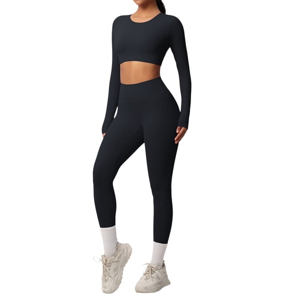 Afdoent Womens Workout Set Solid Color Breathable Workout Yoga Long Sleeve And Pants For Fitness Running Exercise Activewear Outfit Fashion Clothes