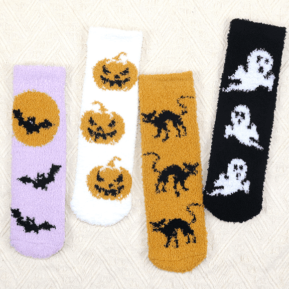 4 Pairs Halloween Pumpkin Socks Warm Thick Fuzzy Socks for Women Soft Cozy Fluffy Winter Sleeping Sock Halloween Gifts