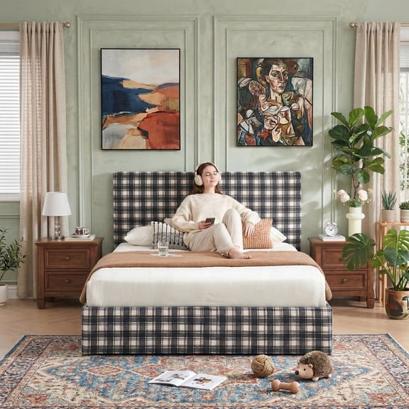 Queen Size Linen Pneumatic Lift Up Storage Bed Frame with Plaid Upholstered Headboard, No Box Spring Needed,White/Blue Check