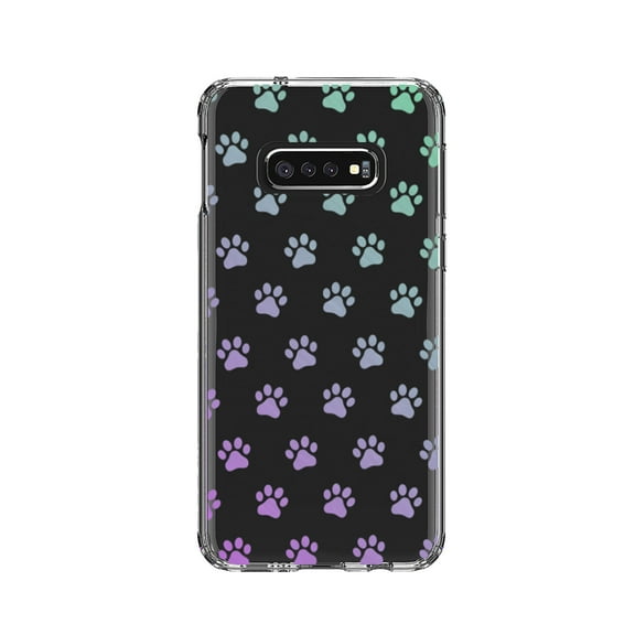 DistinctInk Clear Shockproof Hybrid Case for Samsung Galaxy S10e (5.8" Screen) - TPU Bumper, Acrylic Back, Tempered Glass Screen Protector - Graident Pawprints - Purple to Green