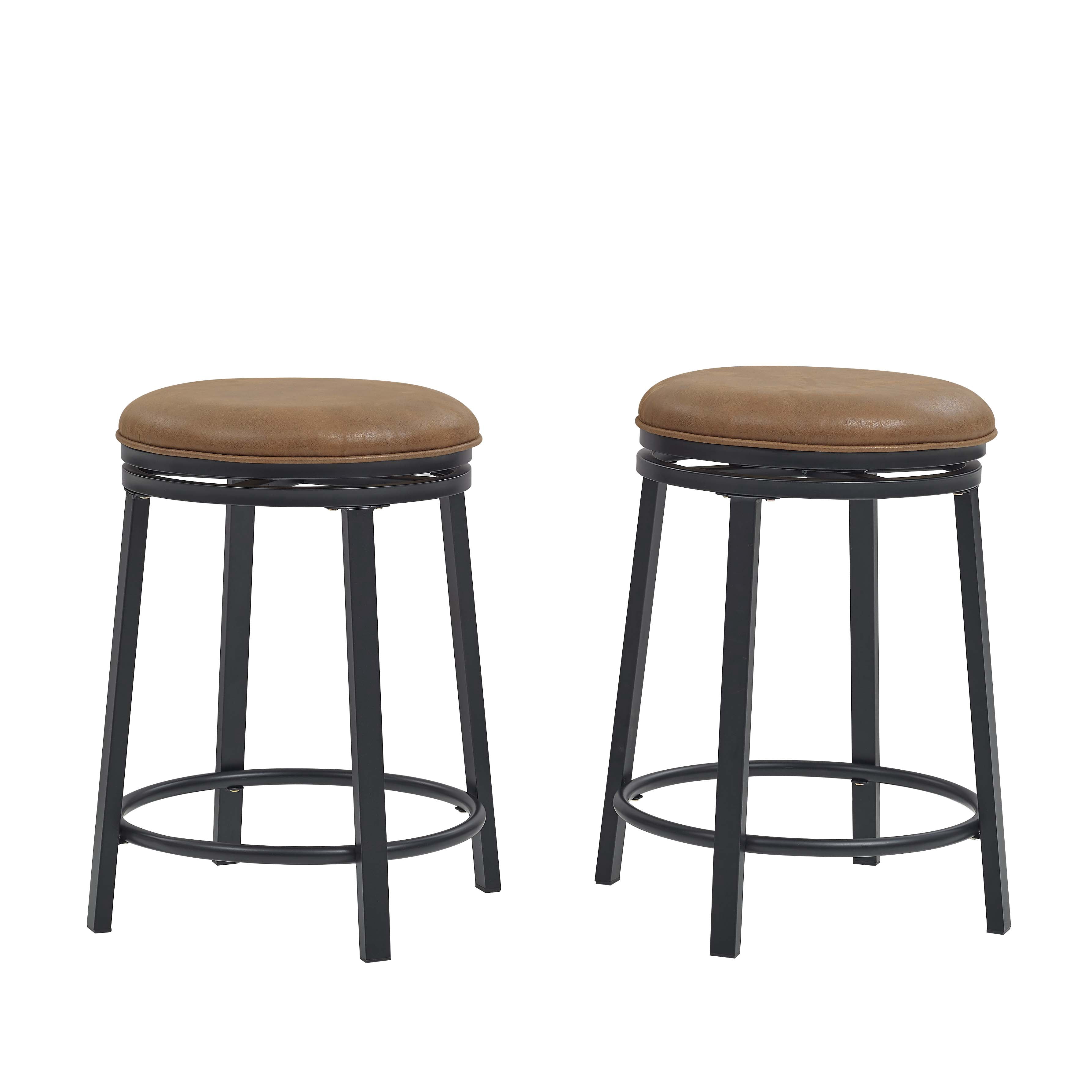 TrumanPick Set of 2 Modern Counter-Height Swivel Stools, 360° Swivel, Brown Fabric Seat, Black Metal Frame