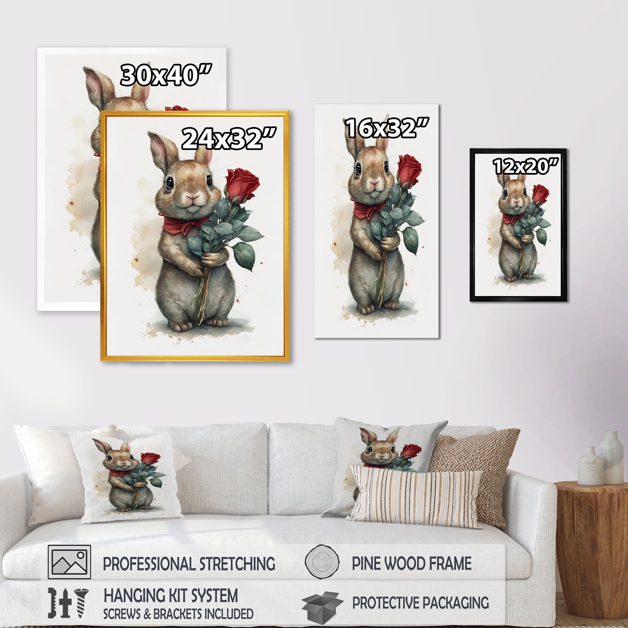 Designart Bunny Love Holding A Rose Canvas Wall Art
