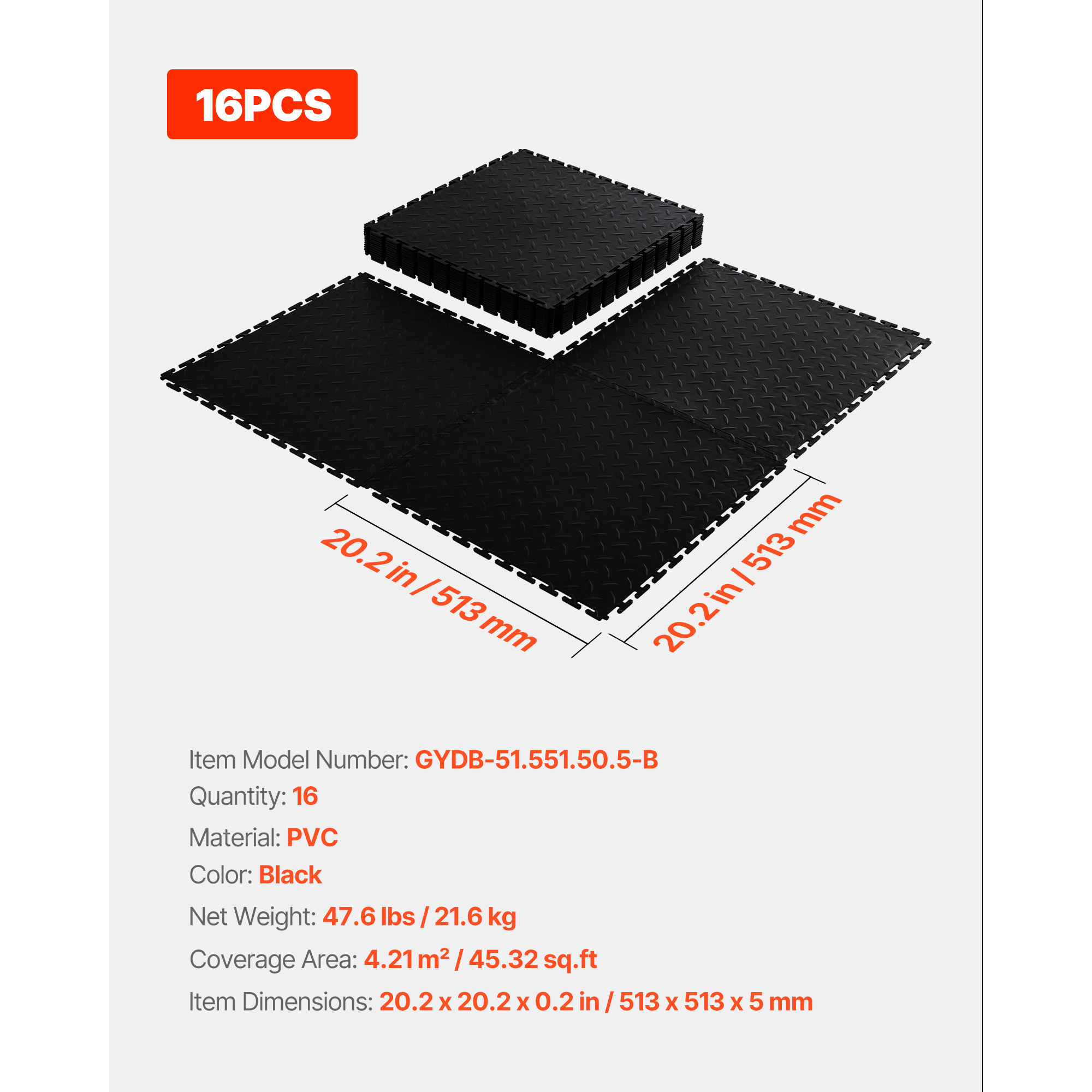 KFFKFF Interlocking Garage Floor Tiles, 16 Pack 20.2 x 20.2 x 0.2 in Modular Slip-Resistant PVC Flooring, Diamond Plate Design for Workshops, Warehouses, and Tool Rooms, Black
