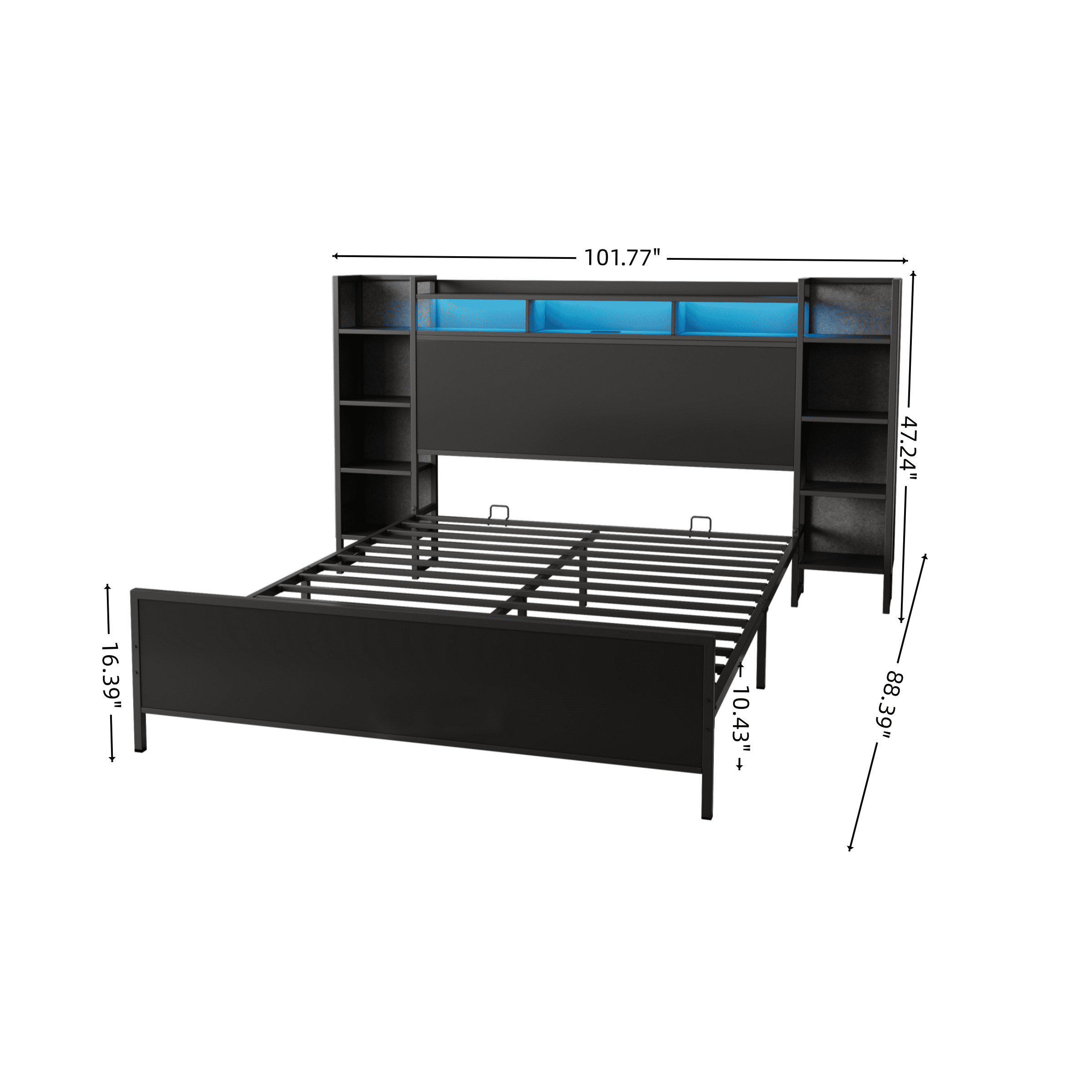 Mintazer King Size Bed Frame with LED Bookshelf Headboard & Charging Station, Modern Platform Bed for Bedroom Guest Room, Black