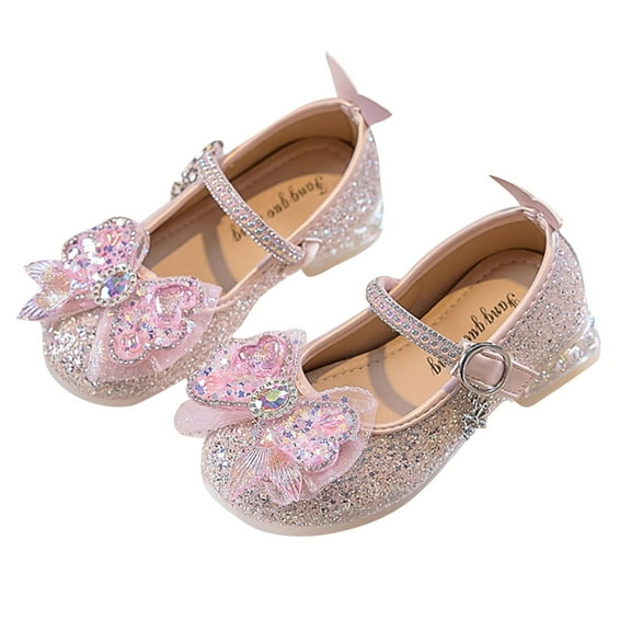 Fesfesfes Girls Crystal Pearl Bow Heels,Princess Style Dress Shoes with Round Toe, Elegant Mid Heels for Parties and Weddings(Pink,3-3.5 Years)
