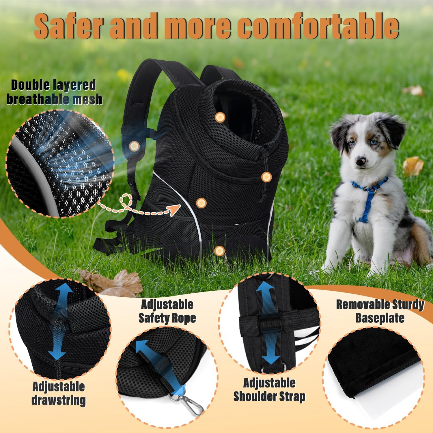 9-14lbs Dog Front Carrier Backpack, Adjustable Breathable Pet Carrier for Small Dogs, Ventilated Puppy Back Pack with Safety Belt, Lightweight Doggy Backpack for Hiking Outdoor(Jet Black, L)