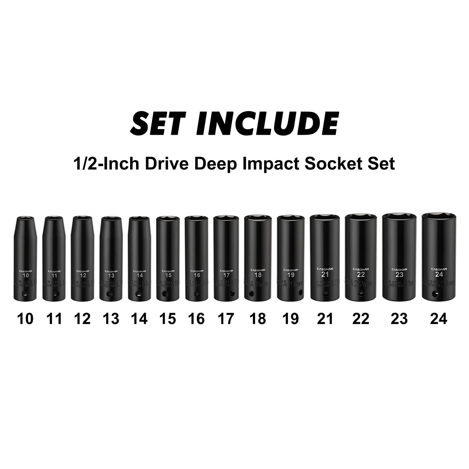 CASOMAN 14-Piece 1/2-inch Drive Deep Impact Socket Set, 10mm-24mm, 6-Point, Metric, Cr-V