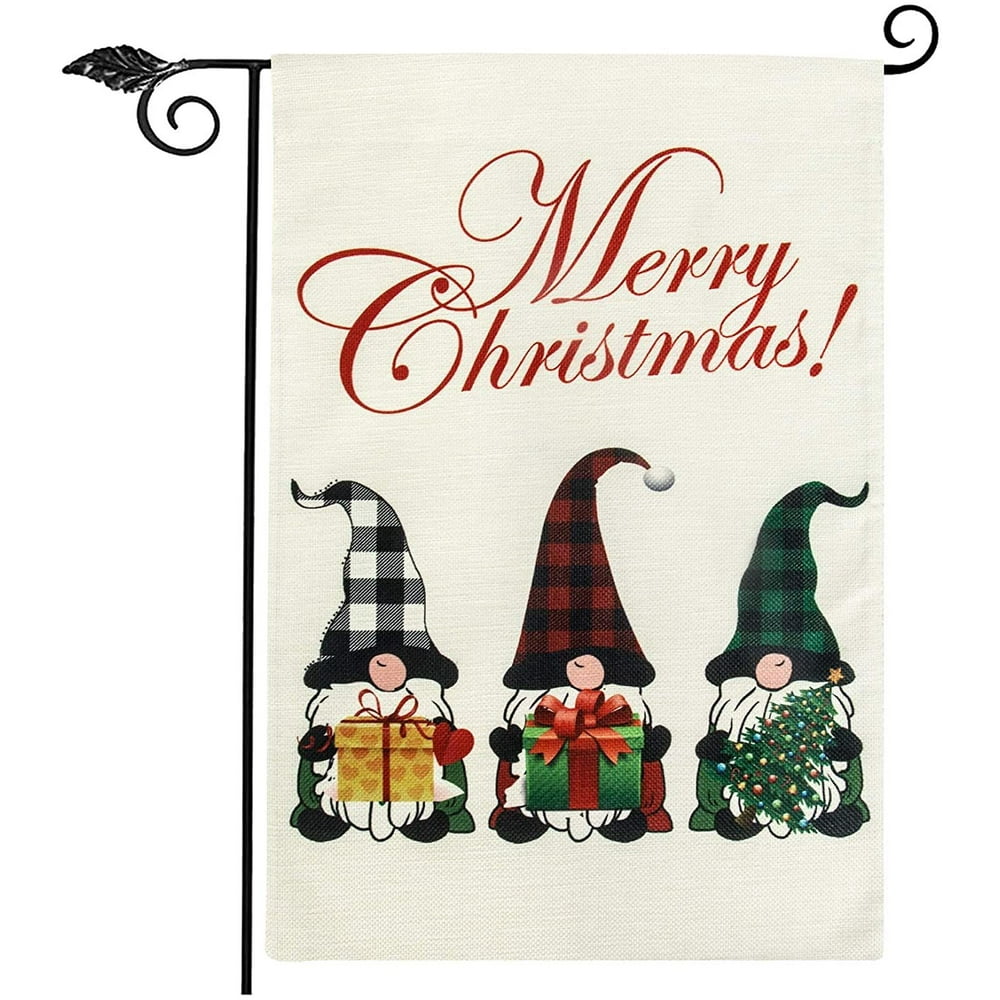 Merry Christmas Garden Flag 12 x 18, Buffalo Check Plaid Gnome Garden