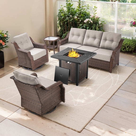 PARKWELL 5 Pieces Outdoor Patio Furniture Set with Fire Pit Table,Luxury 6" Thick Conversation Set with Swivel Glider Chairs,All-Weather Seating Furniture Set for Backyard Deck, Brown/Beige