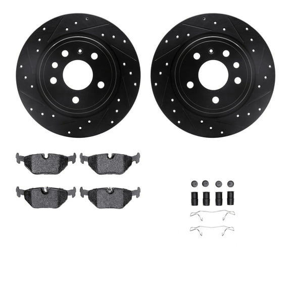 Dynamic Friction Company Rear Brake Rotors-Drilled and Slotted-Black with 5000 Advanced Brake Pads includes Hardware 8512-65008