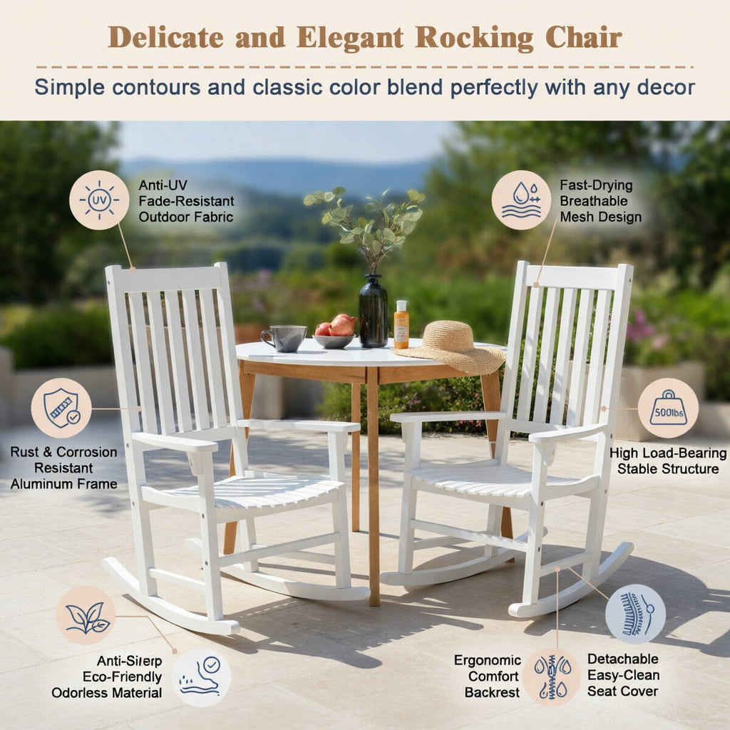 Hommoo Acacia Wood Indoor & Outdoor High-Back Rocking Chair, Weather-Resistant Patio Rocker for Backyard, Balcony & Living Room, White