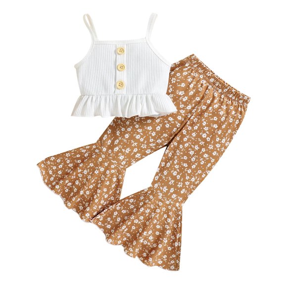 Odeerbi Baby Girls Boys Clothes Baby Outfits Shirts Sets Toddler 2024 Fashion Cute Flowers Print Flared Pants Ruffles Suspenders Top Suit