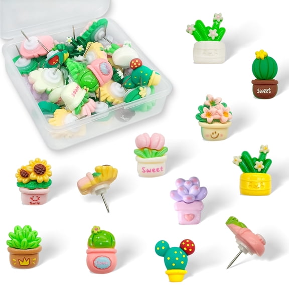 Cute Potted Plant Cactus Succulent Flower Decorative Push Pins Thumb Tacks for Bulletin Board Cork Map Photos (30Pcs)