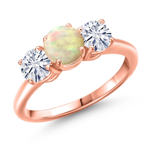Gem Stone King 18K Rose Gold Plated Silver White Ethiopian Opal and White Moissanite Engagement Ring for Women | 1.56 Cttw | Round Cabochon 6MM | Gemstone October Birthstone | Size 8