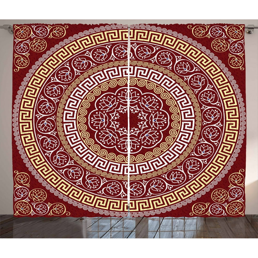 Greek Key Curtains 2 Panels Set, Round and Square Ornament Meander with