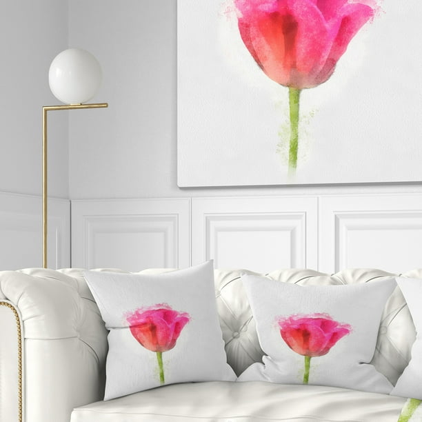 Designart Bloomy Pink Tulip on White Drawing - Flower Throw Pillow - 18x18