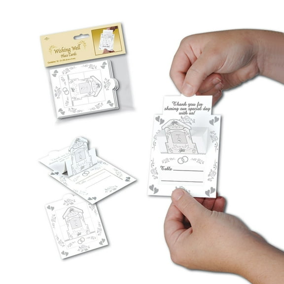 Club Pack of 144 White and Silver Wedding or Anniversary Wishing Well Place Cards 3.5"