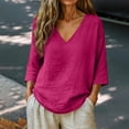thumbnail image 2 of Hemp Shirt, Womens Linen Tops 3/4 Sleeve V-Neck Linen Cotton Tunic Blouse, Casual Peasant Shirts Lightweight Airy Beach Vacation Tees Loose Flowy Shirts for Outdoor Holiday Trips,Hot Pink, 2 of 9