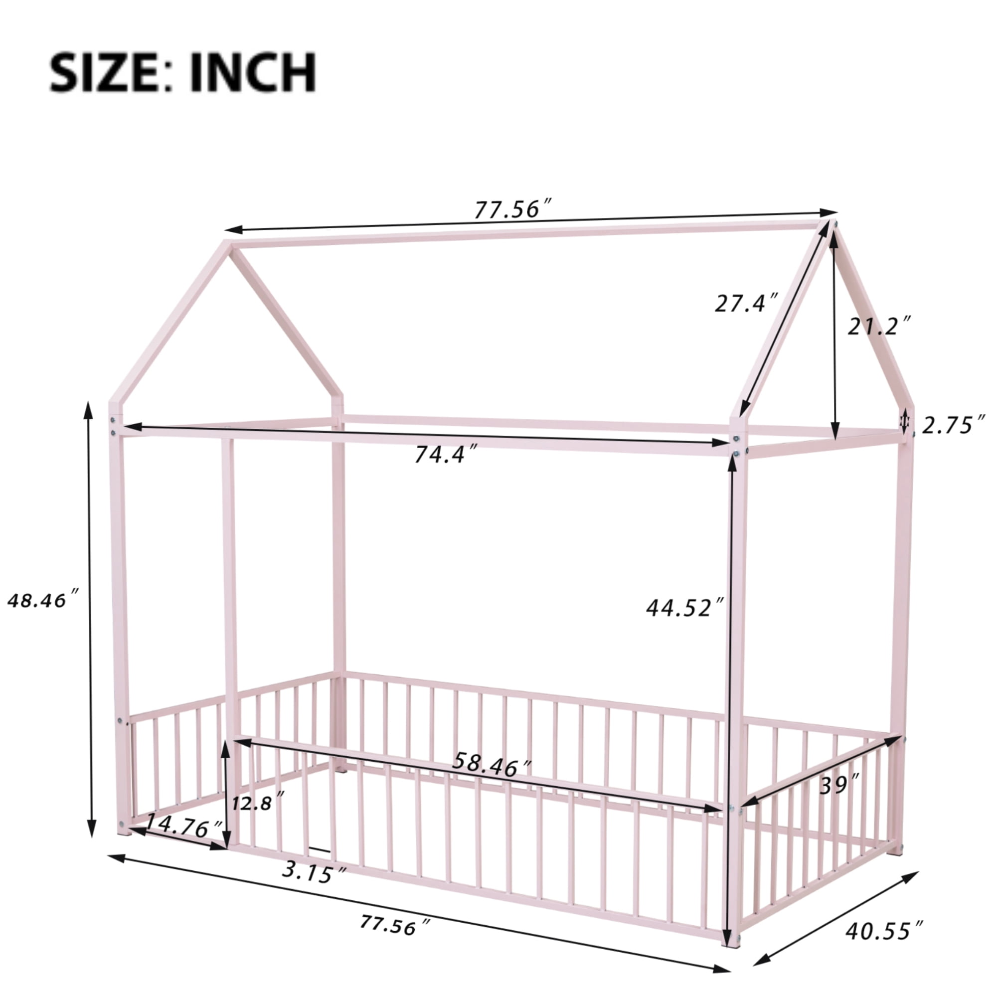Twin Size Metal House Bed Frame with Rails, Montessori Floor Bed  without Slats (Pink)