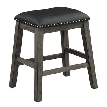 Casual Dining Counter Height Stools 2pc Set Wire-Brushed Gray Finish Wood Frame Black Faux Leather Upholstery Furniture
