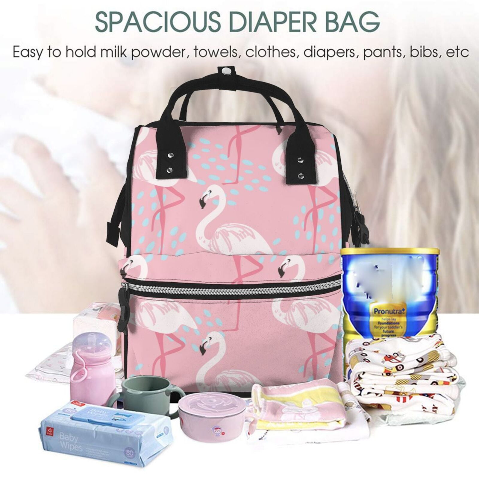 Ratiio Flamingo Mummy Backpack - Waterproof Twill Canvas, Large Capacity Diaper Bag with Multiple Pockets and Adjustable Straps