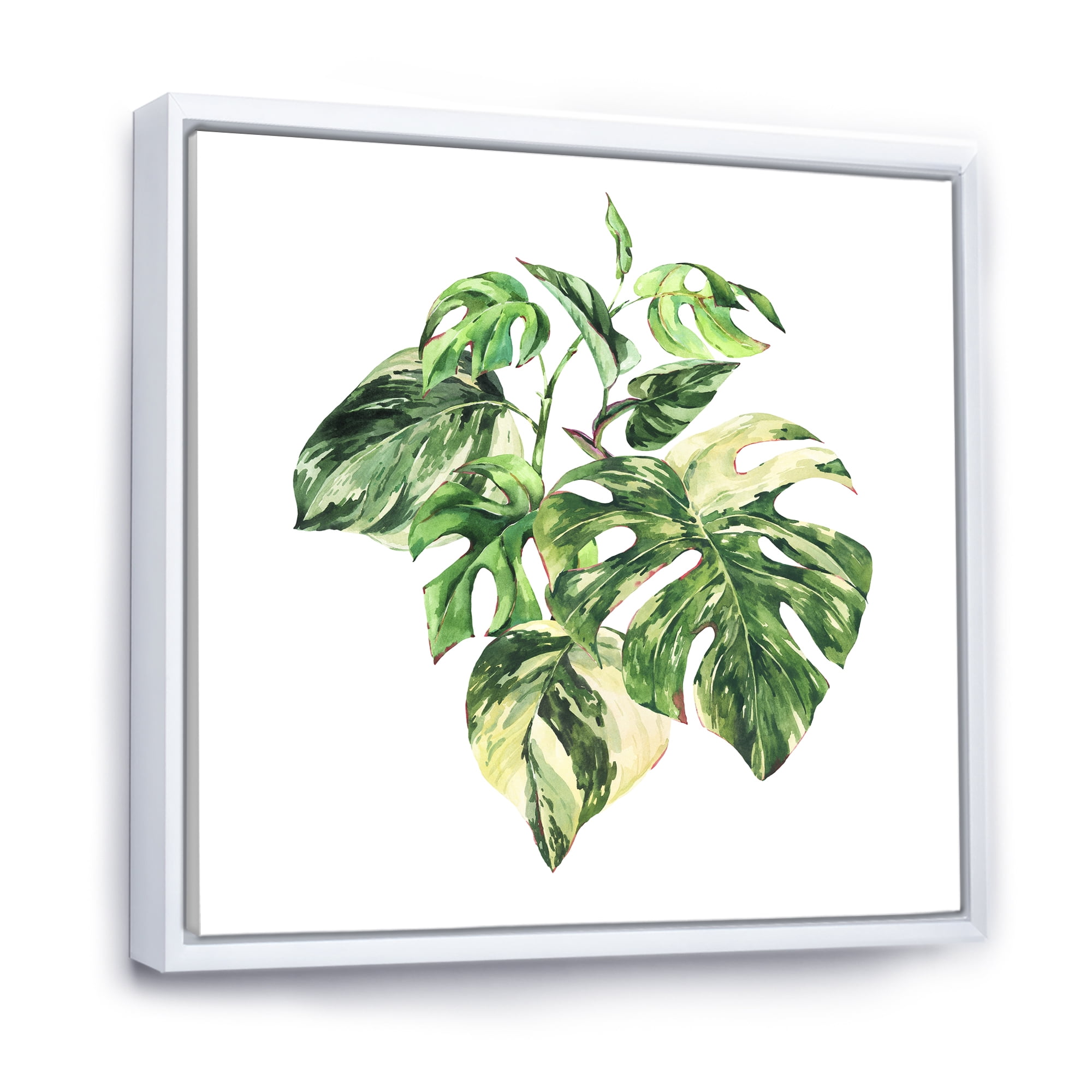 Designart 'Tropical Green Leaves On White In Summer Times I' Tropical Framed Canvas Wall Art Print