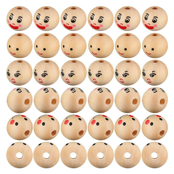 WRITWAA 50pcs Beige Round Wooden Face Beads for Crafts, Jewelry Making, Creative Projects, and Kids' Art Activities