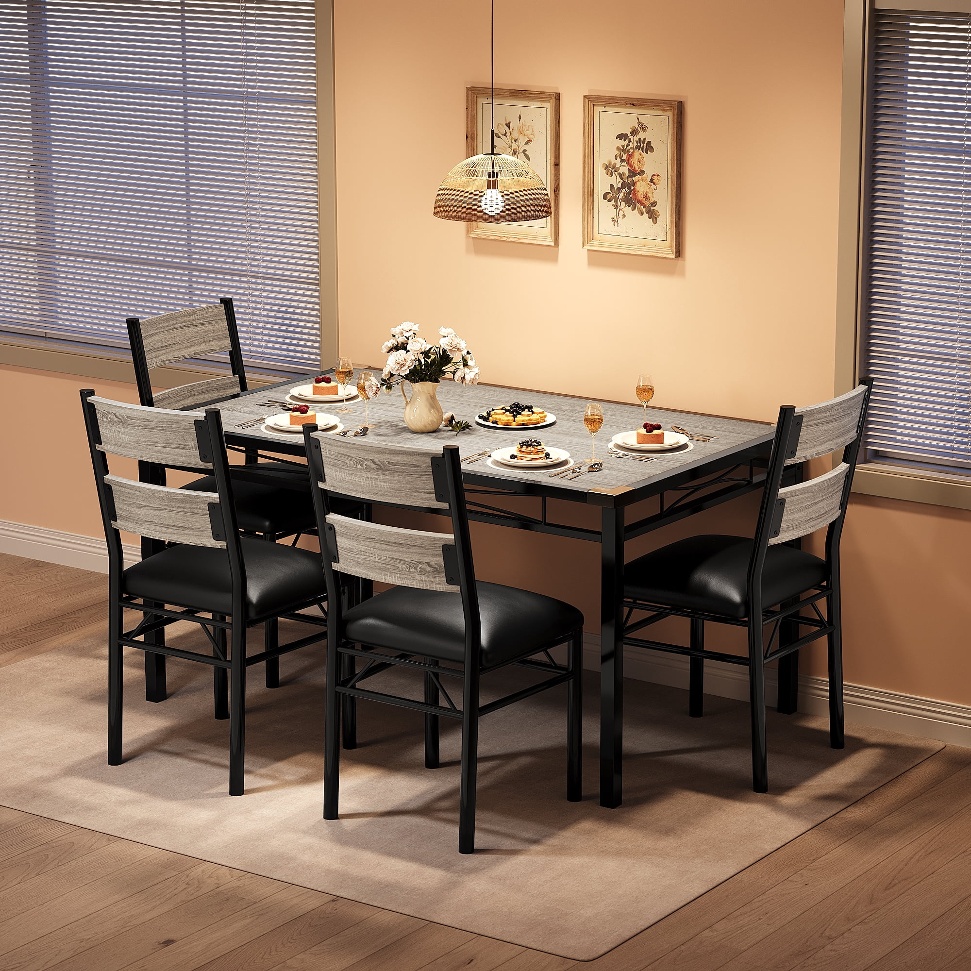 Space-Saving 4-Piece Dining Table Set – Wood Table & Upholstered Chairs with Corner Protectors – Modern Apartment or Breakfast Nook Furniture – Vintage Grey, 1 Table + 4 Chairs (Color: grey
