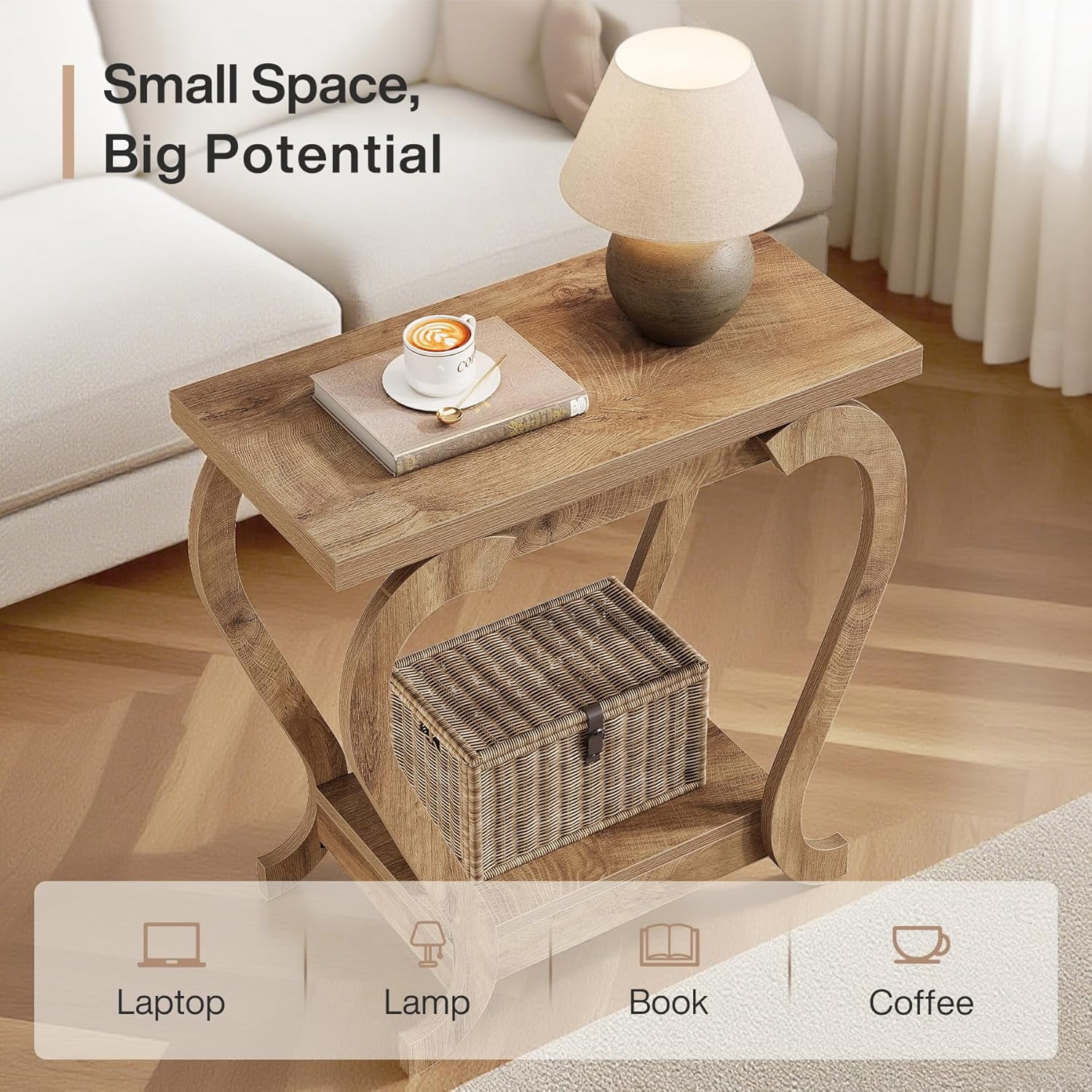 Tribesigns End Table, Narrow Wood Side Table with Storage Shelves, 2-Tier Bedside Accent Furniture for Living Room