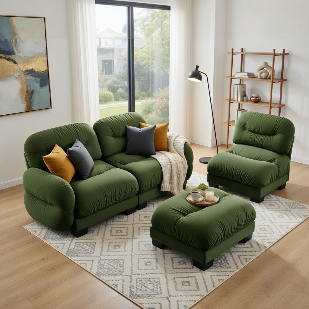 Hommoo Chenille L-Shaped Modular Sectional Sofa with Ottoman, 3-Seat Pleated Design & Ergonomic Foam Cushions, Includes 2 Round Throw Pillows, Green