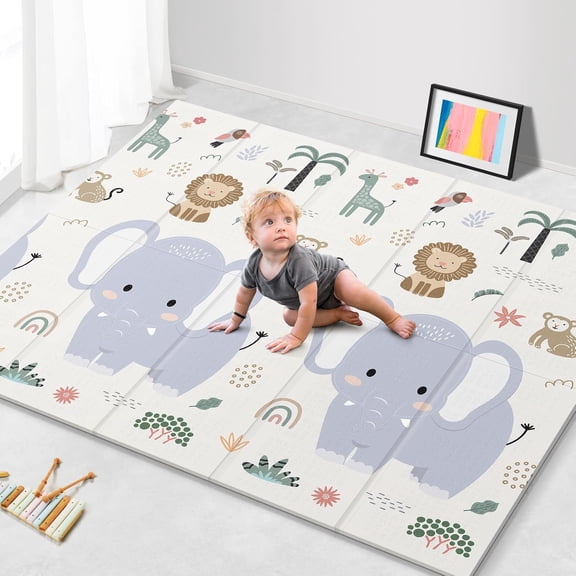 79x71 Extra Large Baby Play Mat for Floor, Foldable Foam Playmat for Babies 0-12 Months & Kids, Non-Toxic Waterproof Baby Mat for Floor, Thick Playpen Mat for Tummy Time Crawling, Elephant