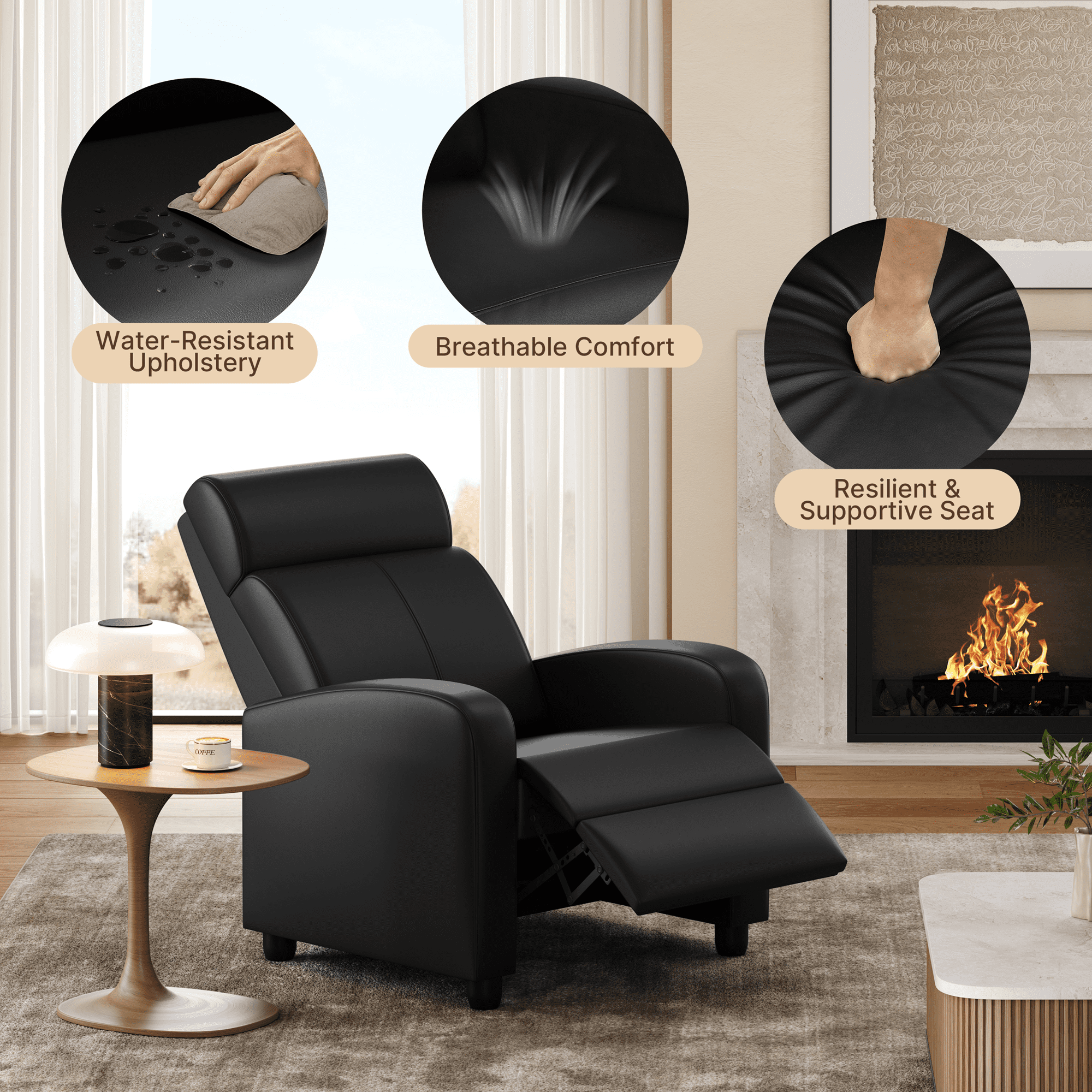 Yaheetech Adjustable PU Leather Recliner Chair with Pocket Spring, Black