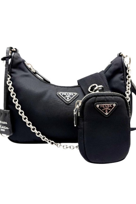 Pre-Owned PRADA Re Edition 2005 Nylon Black 1BH204 Shoulder Bag Handbag Embroidered Drill...