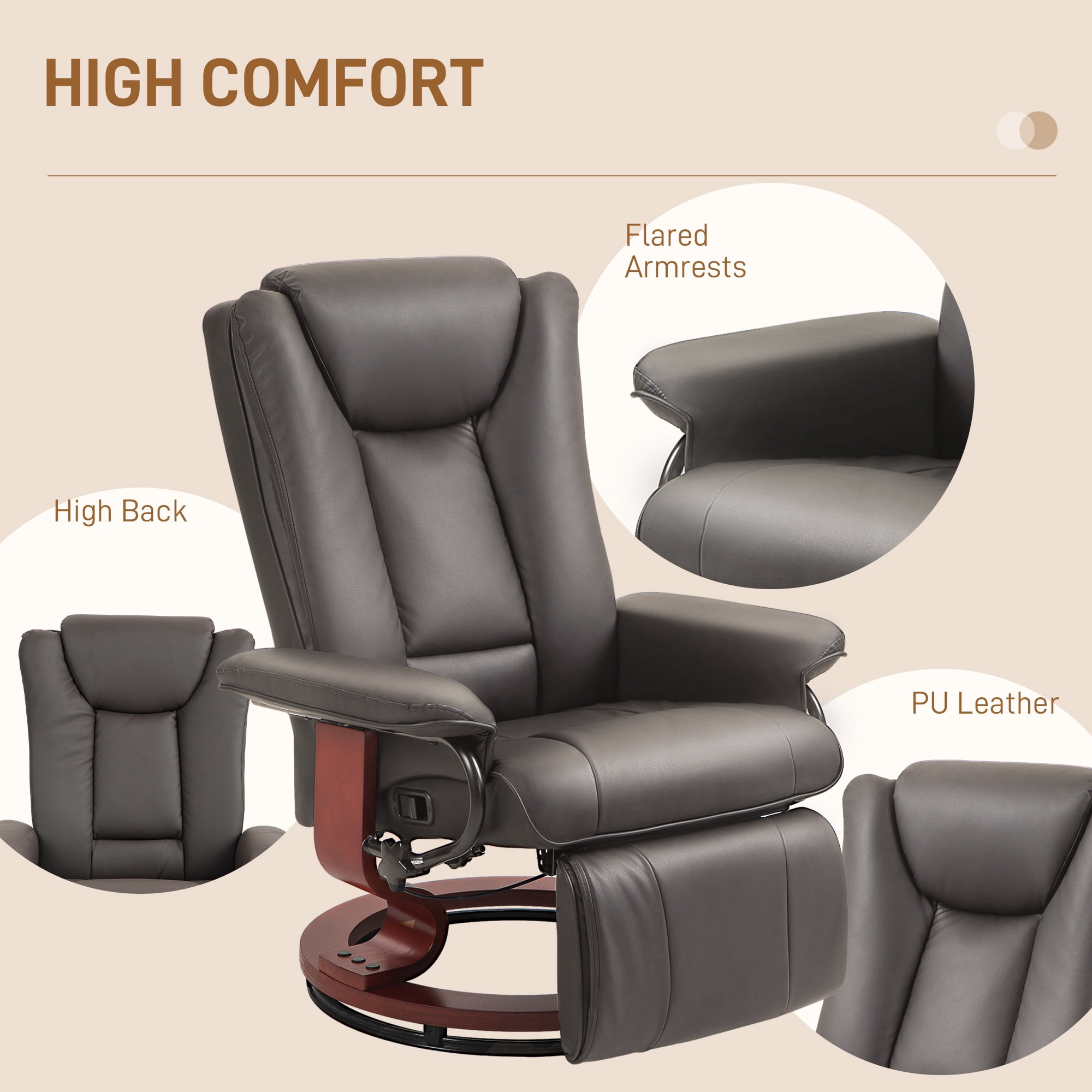 HOMCOM Swivel Recliner Chair w/ Footrest, PU Leather Reclining Chair, Brown