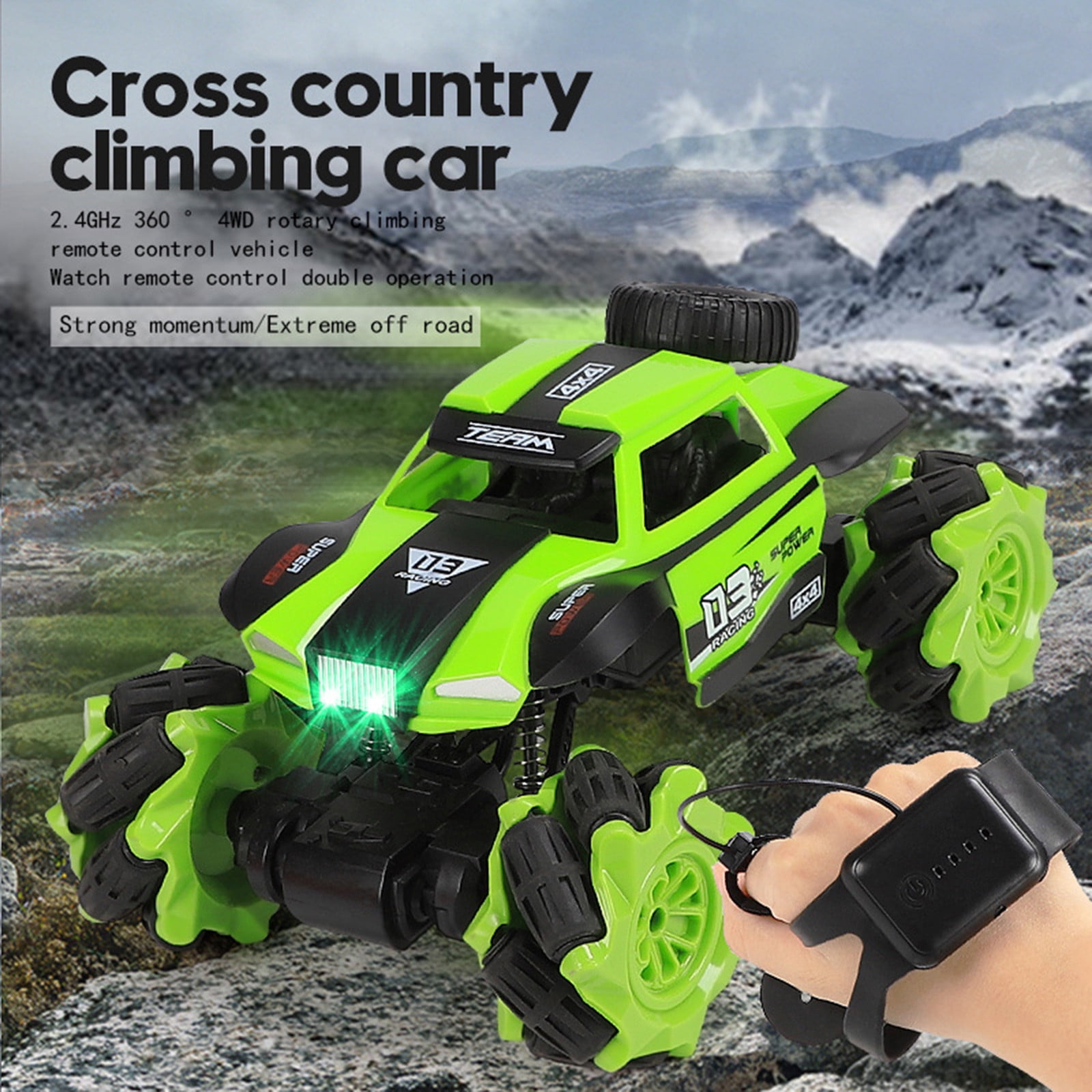 Green 4Wd Remote Control Stunt Car Gesture Sensing Twisting Off-Road Led Climbing Crawler Toy